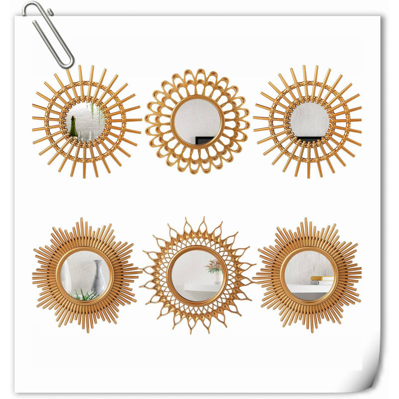 6 Pcs Mirrors For Wall Decor, Small Circle Sun Mirrors Espejos Decorative Wall Art Entryway Mirror Hanging Circle Mirror For Wall Home Decor Bathroom Bedroom Living Room (Gold,Classic)