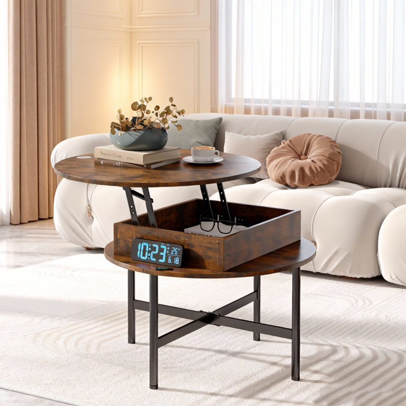 Giles Lift Top Round Coffee Table With Storage For Living Room And Home Office, Brown