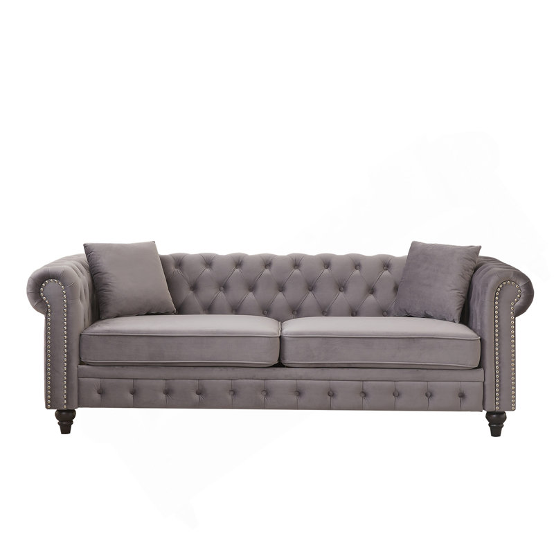 Canapé Chesterfield 85,5 po en velours avec accoudoirs roulés et canapé 3 places, Gris