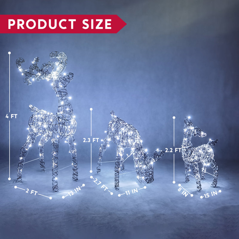 3 paquets de décoration de Noël famille de cerfs, 185 lumières de jardin de renne en rotin éclairées à DEL, décorations de Noël pour l'extérieur pour la cour de jardin, décor de Noël, cerf blanc frais