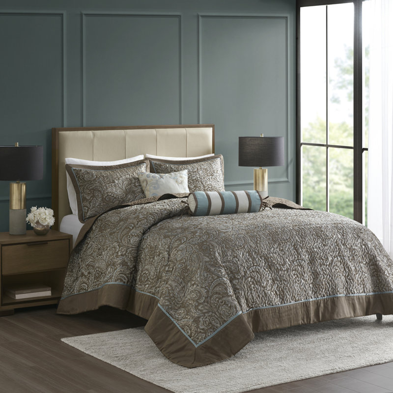 Ensemble de couvre-lit en jacquard 5 pièces avec coussins décoratifs, Bleu/brun