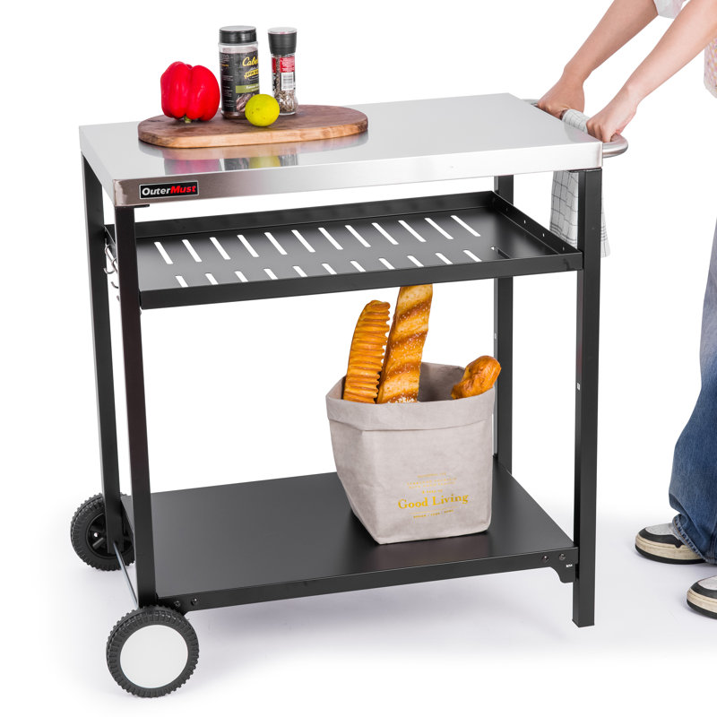 Stainless Steel and Black Triple-Shelf Outdoor Grill Cart