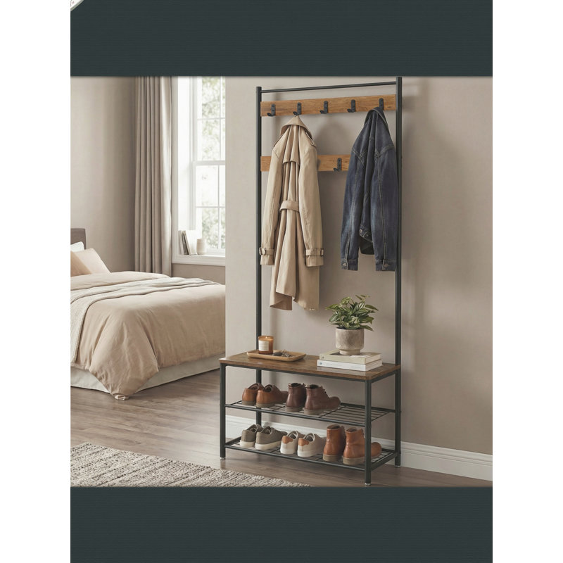 Coat Rack, Hall Tree with Shoe Storage Bench, 32 x 70 x 175 cm, Industrial, Rustic Walnut
