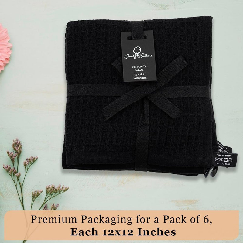 Kitchen Cleaning Dish Wash Cloths Waffle Terry Design Kitchen DishCloths|Washable 12x12 Cotton Dish Rags for Drying Dishes|Counter Top Barista Dust Wipes|Spring Easter Basket Decor| 24 Pc Set-Black