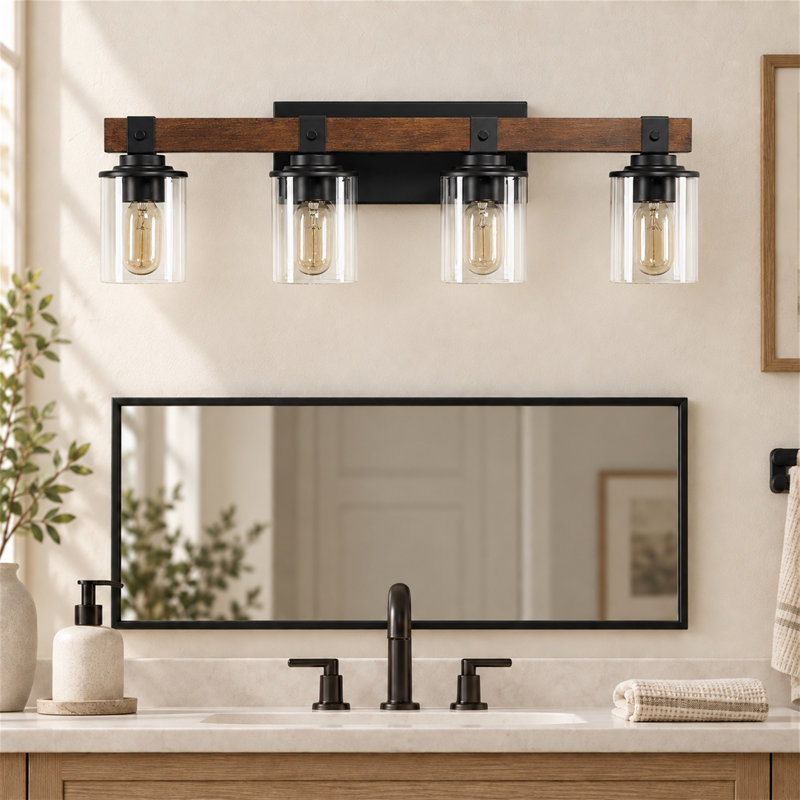 Applique murale rustique à 4 lumières avec accents en noyer et abat-jour en verre transparent, 4-Light