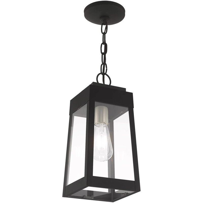 6.25in 1 Light Satin Outdoor Pendant Lantern Clear Glass Shade, Black/Nickel