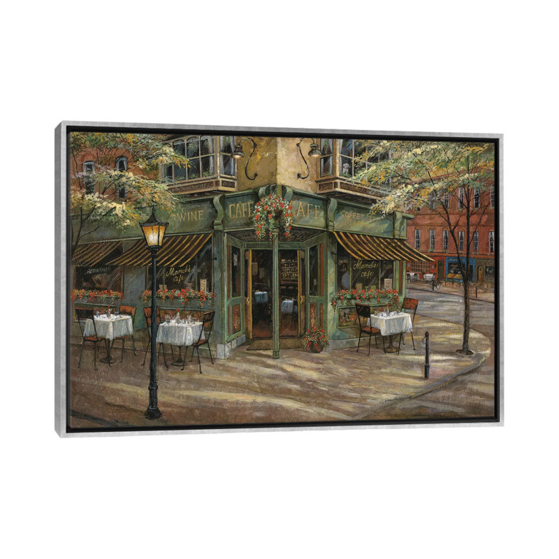 Mandi's Café par Ruane Manning - reproduction d'art, H 32 po x l 48 po x 1,5 po, Toile avec cadre argenté, Aucun mat