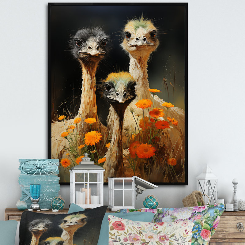 Autruches gracieuses sur autruche sur toile, Cadre photo noir, H 20 po x l 12 po