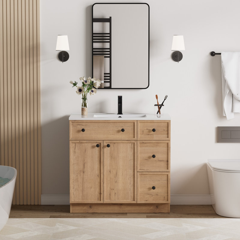 Jadaya 36 Inch Single Sink Bathroom Vanity Set With Resin Sink Top, Assembly Required, Oak