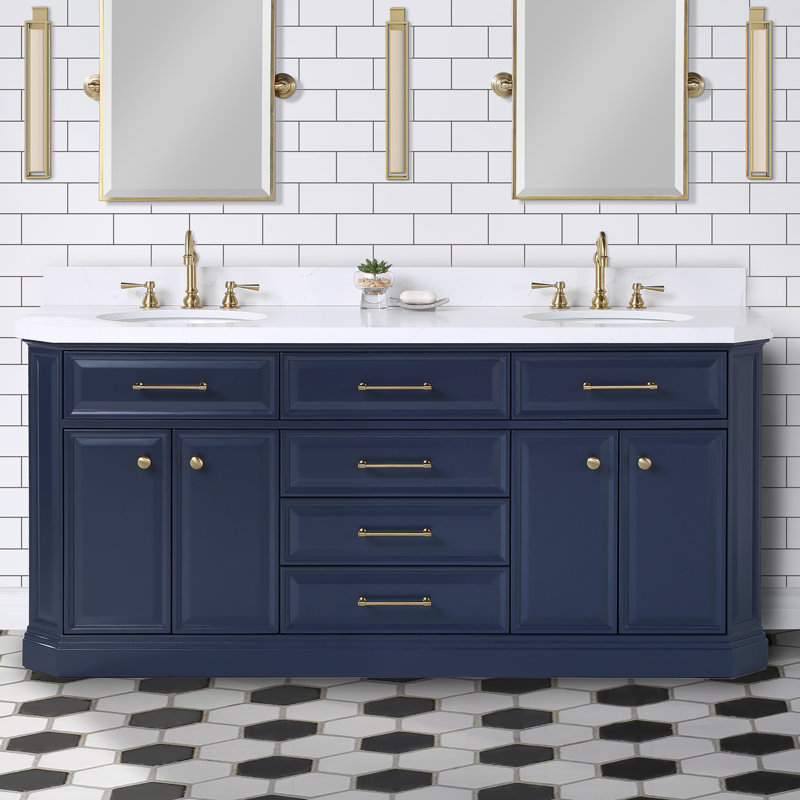 Ensemble de meuble-lavabo double 72 po Bruning, Bleu monarque, Laiton satiné
