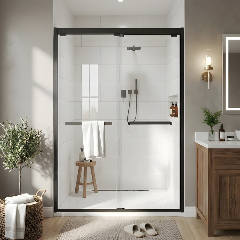 Sliding Framed Shower Door In Black Finish With Clear Glass, Black