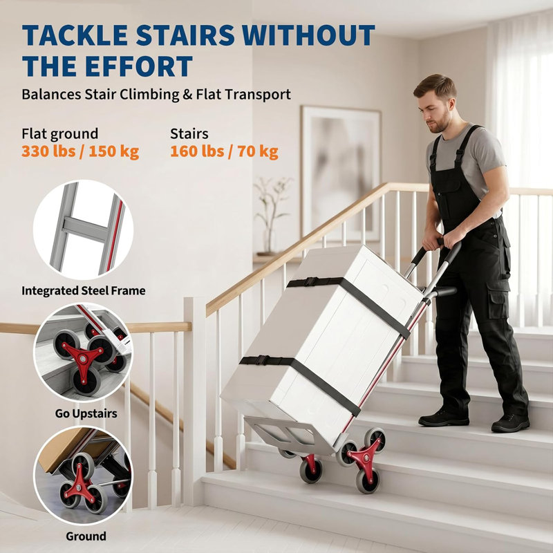 Chariot à main à 6 roues pour chariot d'escalier, chariot utilitaire pliant en acier robuste avec capacité de 330 lb, poignée réglable et plateforme multifonctionnelle pour déplacer les meubles et les appareils électroménagers