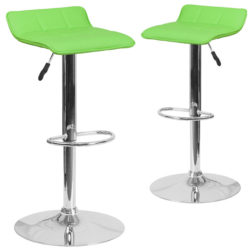 Amp Contemporary Vinyl Adjustable Height Barstool with Quilted Wave Seat, Green