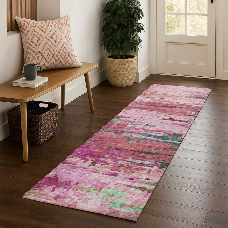 Premium Machine Washable Mayfield AMF2035 Abstract Rug, 2'3" x 7'6" Runner, Pink