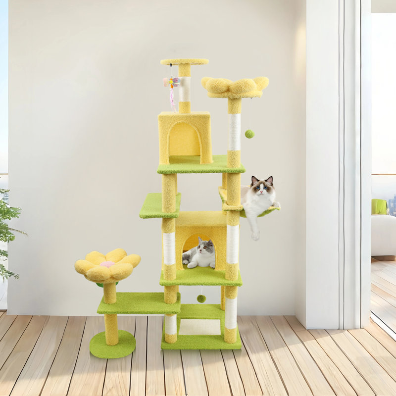 Arbre à chat Flower avec grand condo, coussin amovible et hamac pour les gros chats, parfait pour jouer et se reposer, Yellow