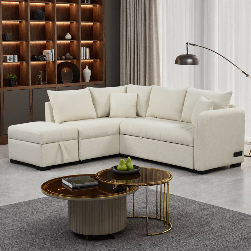 Canapé-lit modulaire en L 82,6 po avec repose-pieds et ports USB, Beige