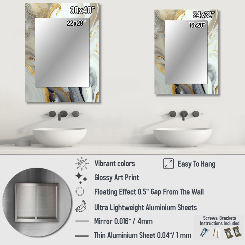 White And Gold Marble Abstract III - Marble Large Mirror, Modern Decorative Wall Mirror, Printed Metal Art, 32" x 24"