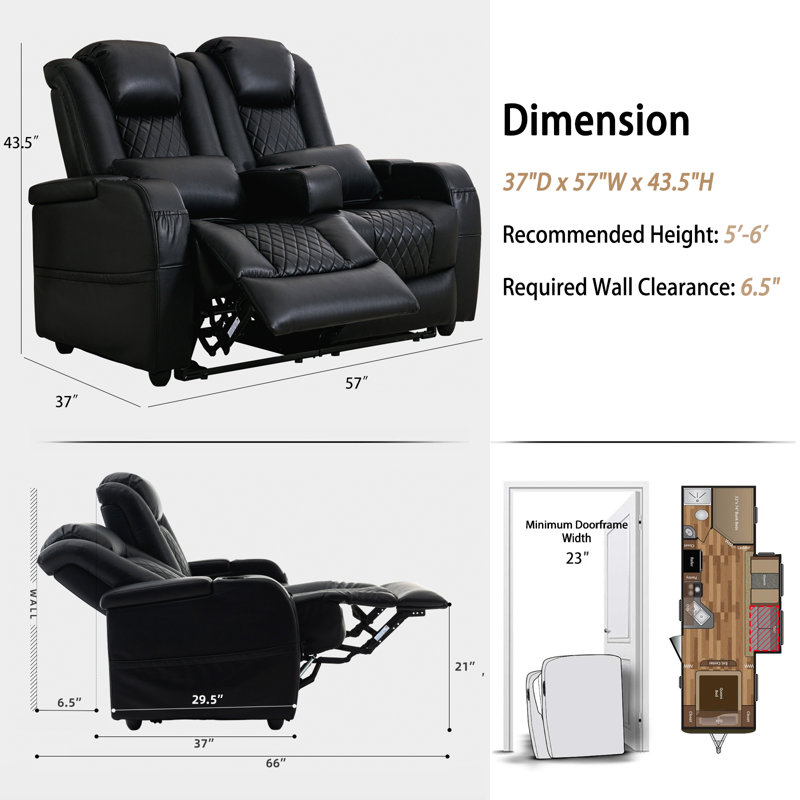 57" Rv Loveseat Recliner Sofa, Home Theater Seating With 3 Arms And 2 Pillows, zero clearance recliner  Recliners & 135° Reclining Couch (black Pu Leather Furniture)