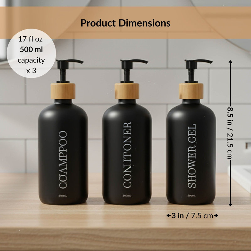 Ensemble de 3 distributeurs de douche noirs rechargeables 17 oz liq. (500 ml), Noir