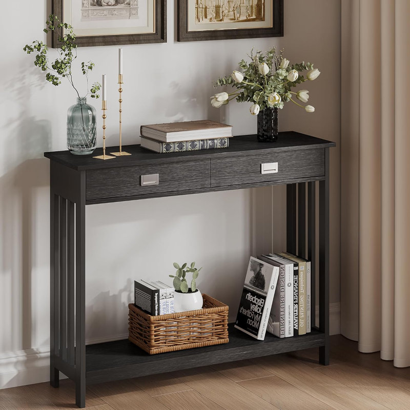Black MDF Narrow Console Table with Drawer and Storage Shelf