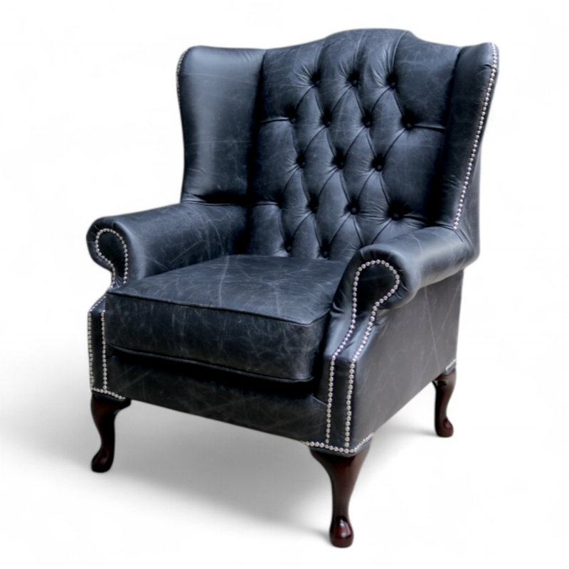 Upholstered Wingback Chair, Cracked Wax Black