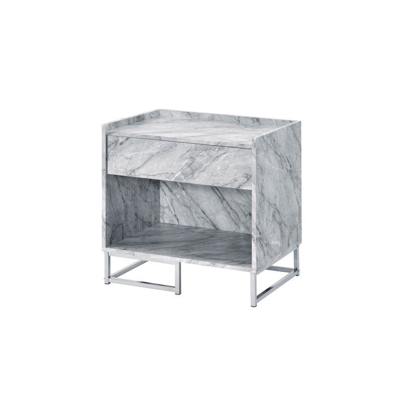 Table d'appoint avec faux marbre et finition blancs imprimés, 1 tiroir de rangement, compartiment ouvert, base en métal, glissière de tiroir latérale, plateau de 0,59 po, matériau en panneau de particules, 24 po de largeur, 16 po de profondeur, 25 po de hauteur, 38 lb