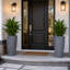 Grand pot de fleurs intérieur / extérieur en résine moucheté gris avec soucoupe et écran de drainage (ensemble de 2)-934506595-934506596