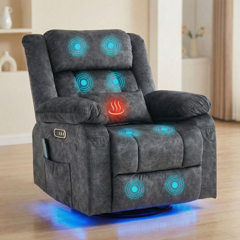 Dual-Motor Swivel Glider Power Recliner With Massage And Heat, LED Light Strips, Gray