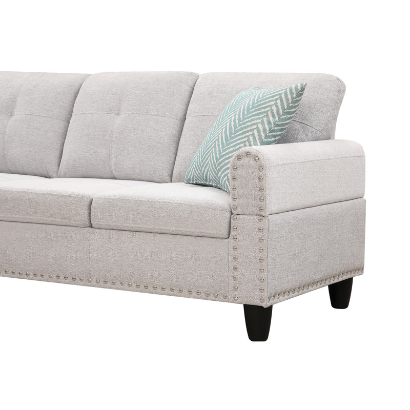 Chaise longue de 98 po de largeur et confort - Lin gris, faisant face à la gauche et canapé modulaire en tissu de lin Un attrait traditionnel en mousse