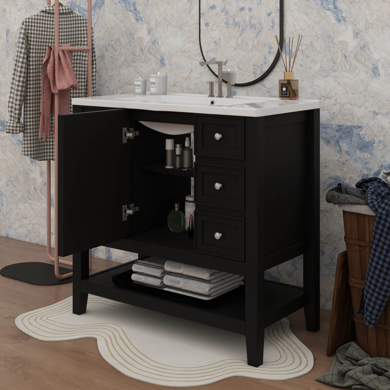 Base de meuble-lavabo 36 po sans lavabo avec une armoire et trois tiroirs, Noir