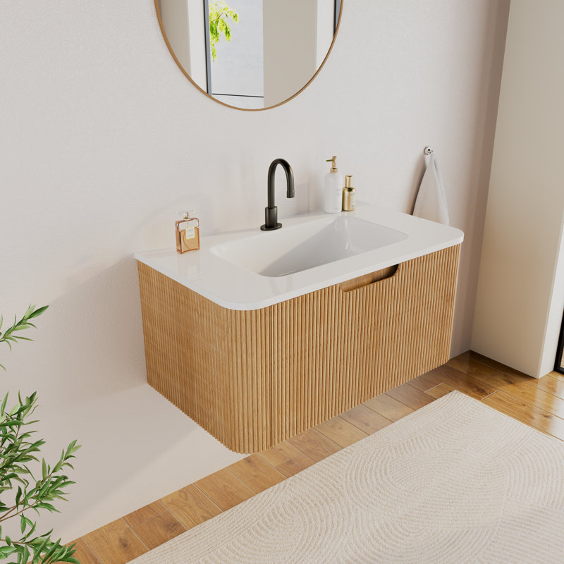 Meuble-lavabo mural simple flottant 30 po avec comptoir en céramique, 30", Tiroir à poignée encastrée