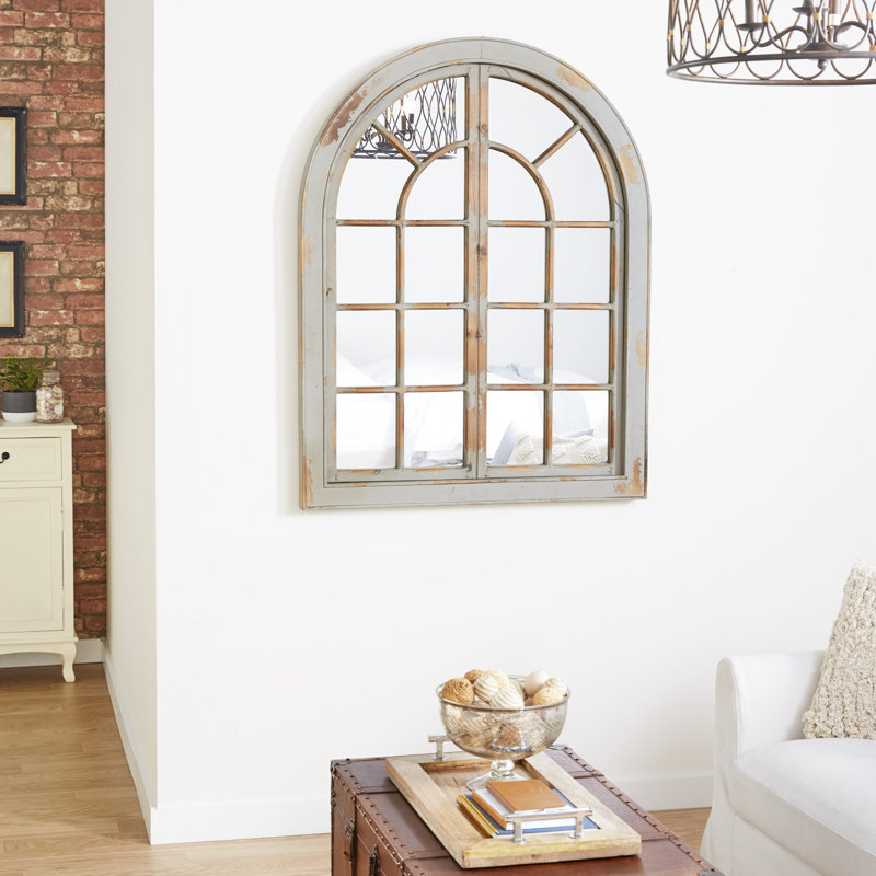 Manwe Wood Window Pane Inspired Wall Mirror with Arched Top and Distressing, Gray