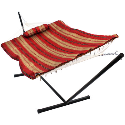 2-Person Polyester Rope Hammock and stand set with Removable Quilted Pad and Pillow - Awning Stipe
