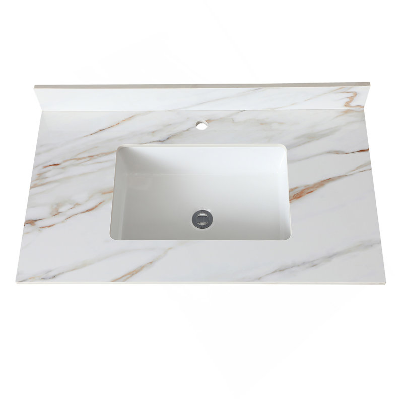 Comptoir de meuble-lavabo en marbre 37 po, comptoir de salle de bain avec lavabo central encastré rectangulaire et dosseret de 4 po de hauteur, comptoir pré-percé, blanc de Carrare avec veines