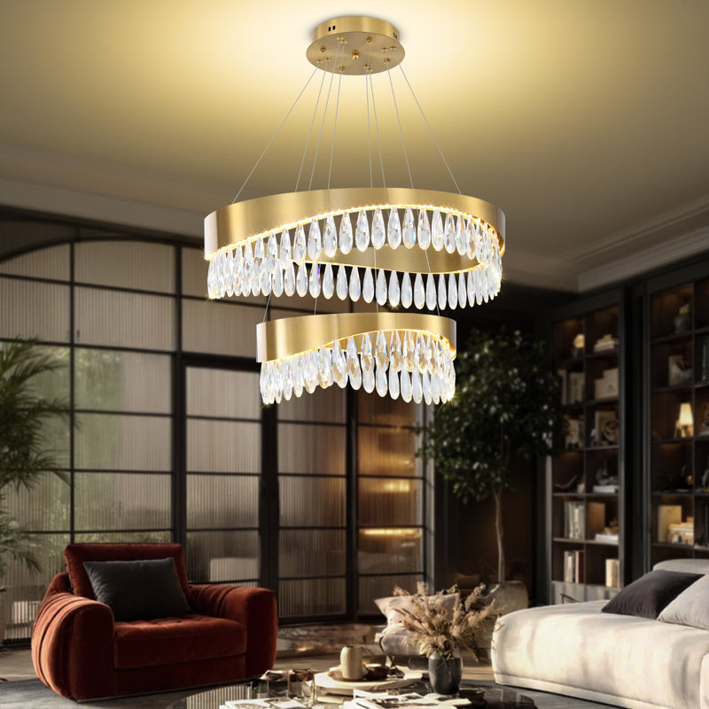 2 Ring Gold Crystal Chandelier For Dining Room, Living Room