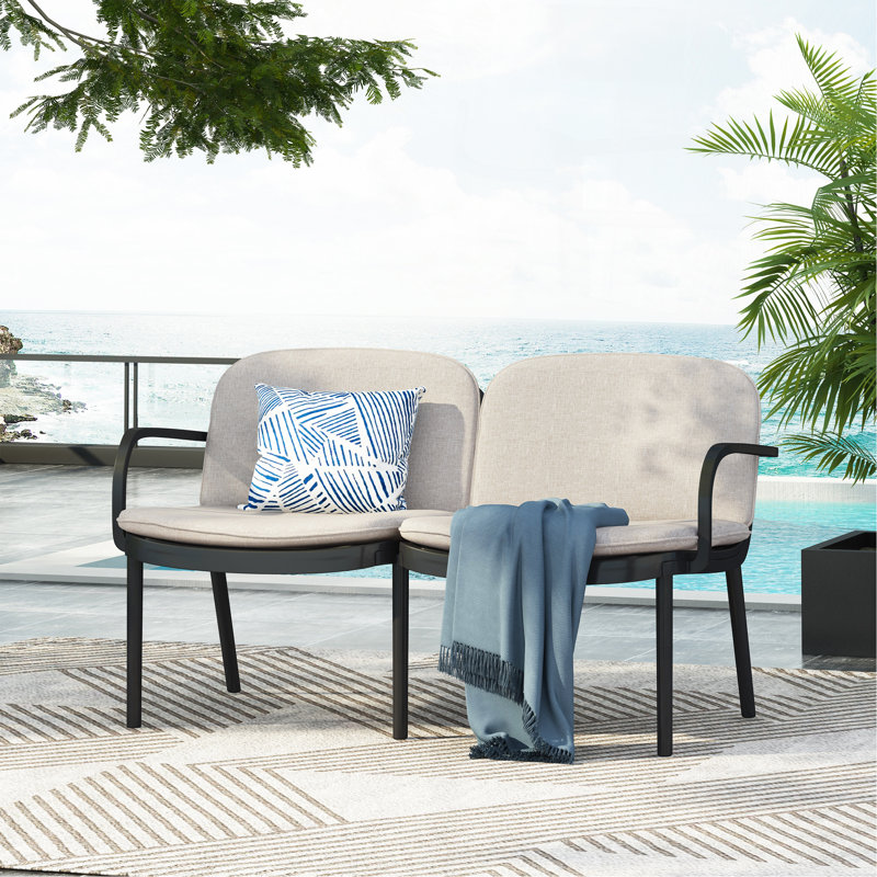 Luna Outdoor Patio PP Loveseat, Black Frame With Beige Cushion, Beige Cushion/Black Frame