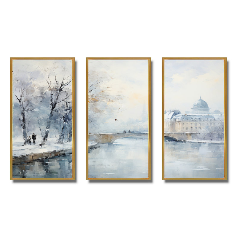 Hiver Paris, Tour Eiffel, ville, charme V - Art mural de Paris, Cadre flottant doré, H 40 po x l 60 po x P 1 po