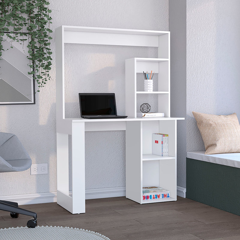 Bureau Maine avec rehausse et tablettes, Blanc