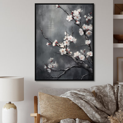 Fleurs de cerisier blanches sur 20 nuances de gris - impression sur toile encadrée cerisier