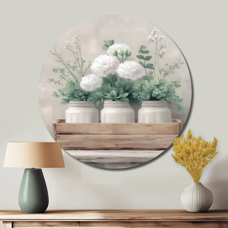 Rustic Farmhouse Peonies - Farm Metal Wall Decor Round, 23" W x 23" H