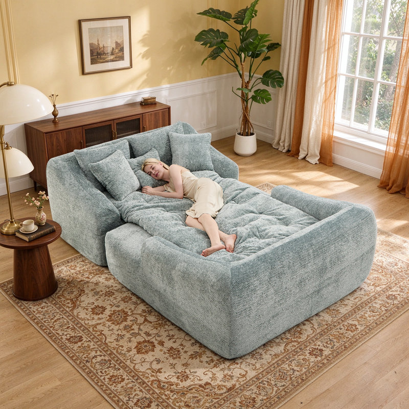 Chaise longue d'intérieur surdimensionnée et comprimée avec coussins décoratifs et accoudoirs, canapé-lit rembourré en chenille