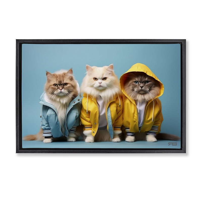 Drôle de chats élégants avec toile flottante encadrée par Roozbeh Bahramali, Cadre flottant noir de jais, H 17 po x l 25 po