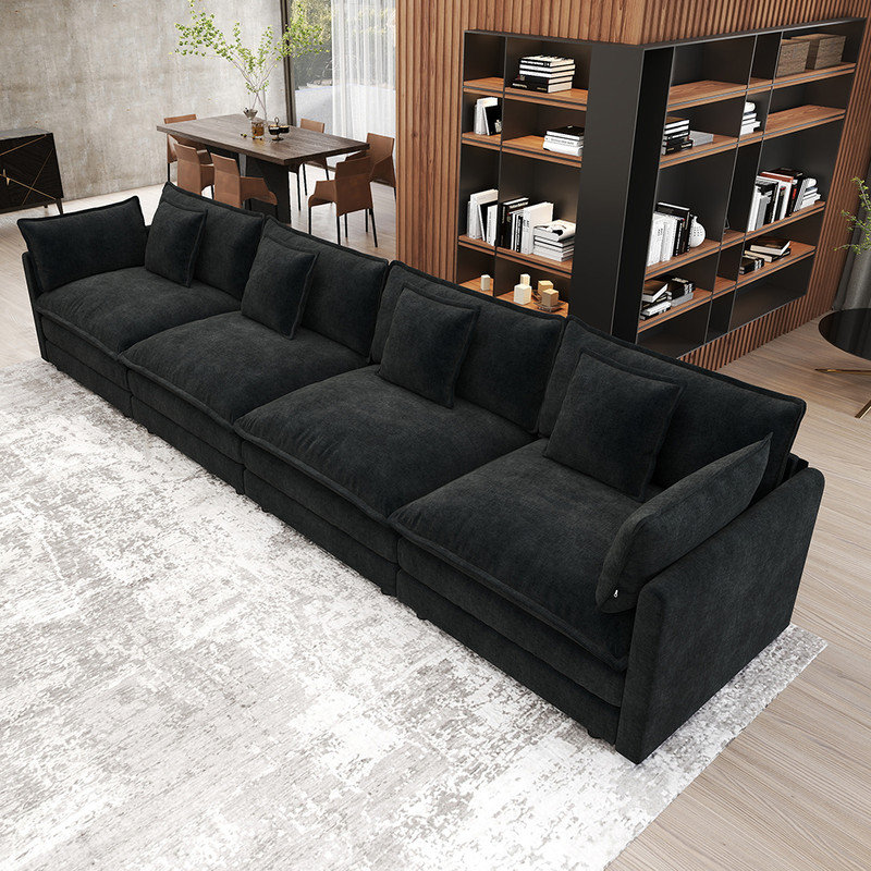 Canapés 4 places 146,5 po style minimaliste moderne en chenille, Noir, noir, noir, noir