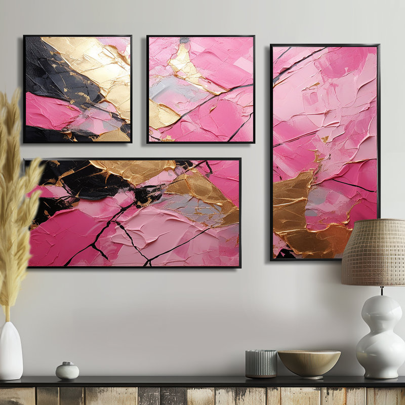 Minimalisme - Poterie rose I - décoration murale moderne rose 4 pièces, Noir, Impression encadrée sans passe-partout