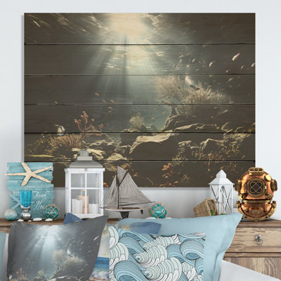 Plongée sous-marine profonde révèle la beauté naturelle - art mural bois de corail sous l'eau sur bois de pin naturel
