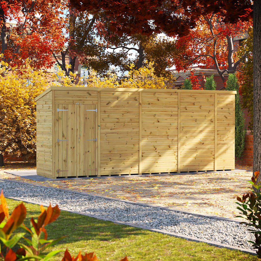 Powersheds 18 x 4ft Premium Pressure Treated Timber Windowless Pent Garden Shed, Double Doors