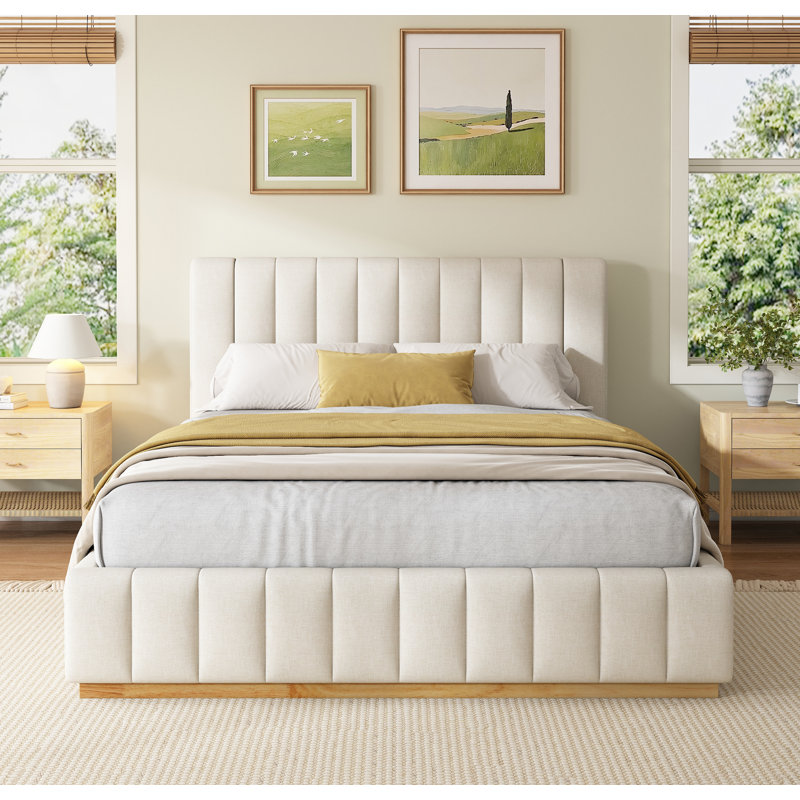 Lit à rayures moderne, minimaliste et élégant en tissu, beige, grand, Grand lit