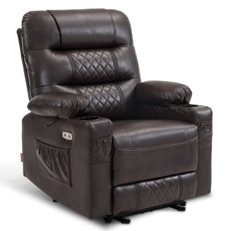 Fauteuil inclinable électrique avec chaleur et massage, porte-gobelet, port USB, similicuir, Brun