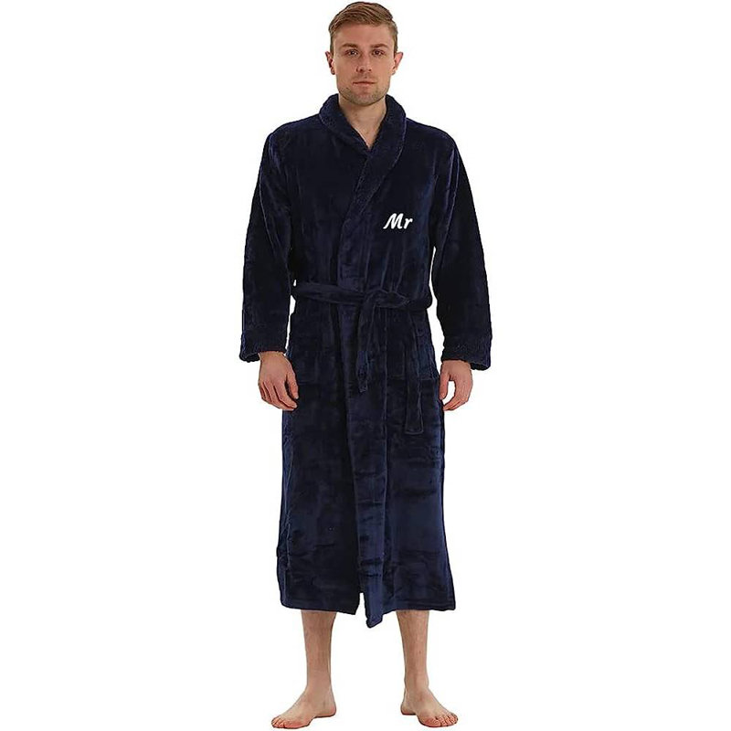 Peignoir unisexe mi-mollet avec poches, Oui, Bleu marine-m, L