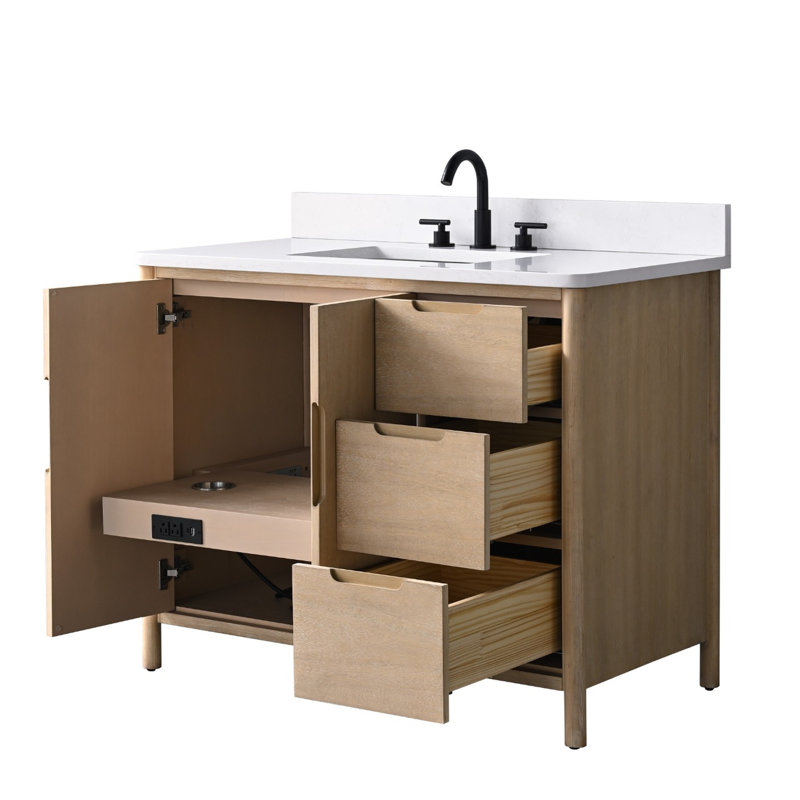 Meuble-lavabo autoportant de 42 po avec plateau en pierre Milano Mist, tablette dissimulée et support pour sèche-cheveux, 42
